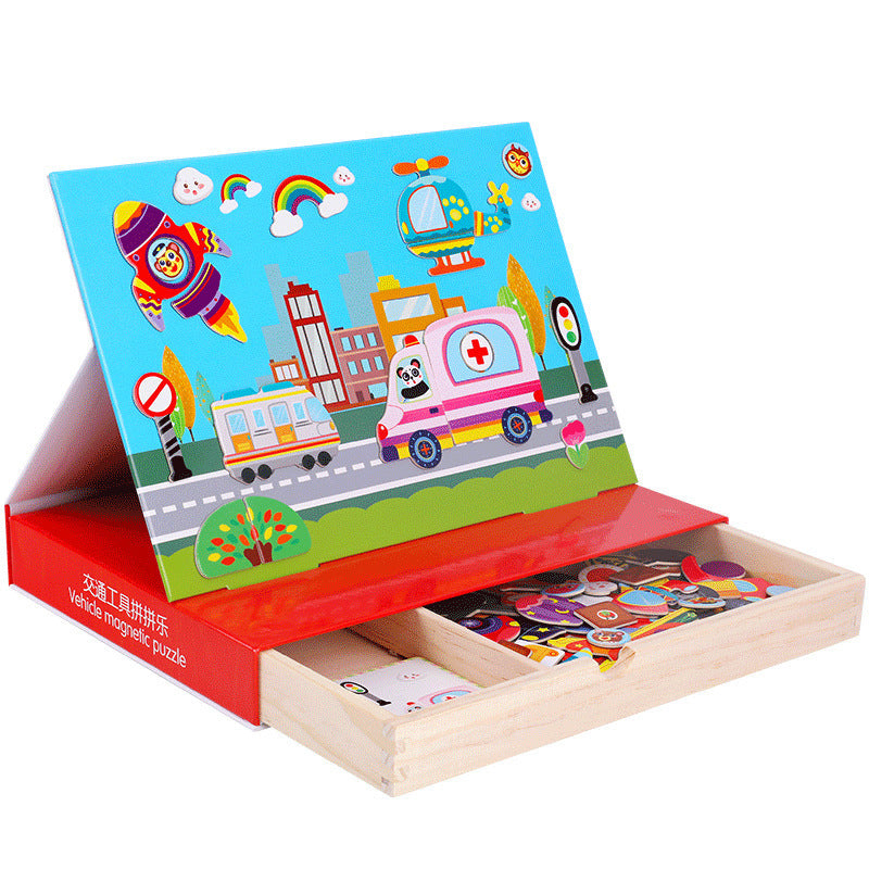 Children's magnetic puzzle with colorful illustrations and wooden box
