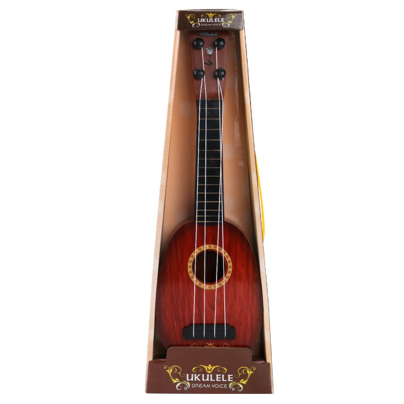 Simulation ukulele showing four strings and small body design
