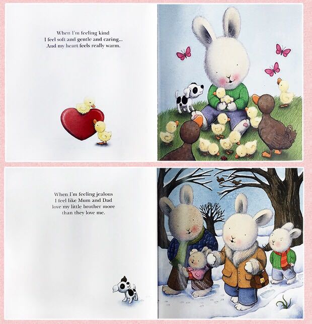 Illustrated book page with a rabbit character and friends on a pink background