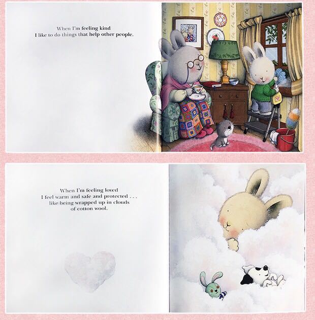 Illustrated book page with cartoon bunnies in a cozy room and a cloud scene.