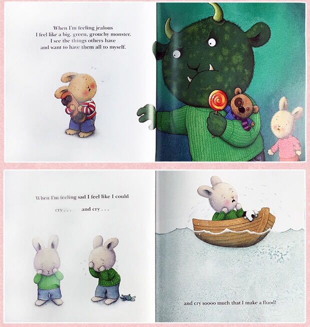 Illustrated book pages with characters and text about feelings and emotions.
