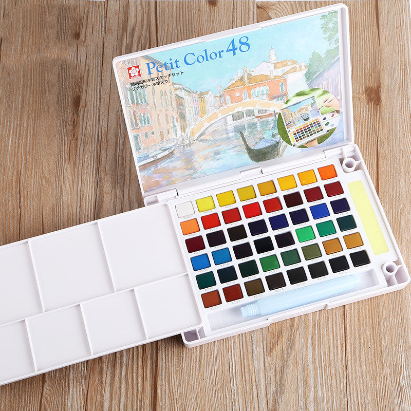Petit Color 48 watercolor set on a wooden surface