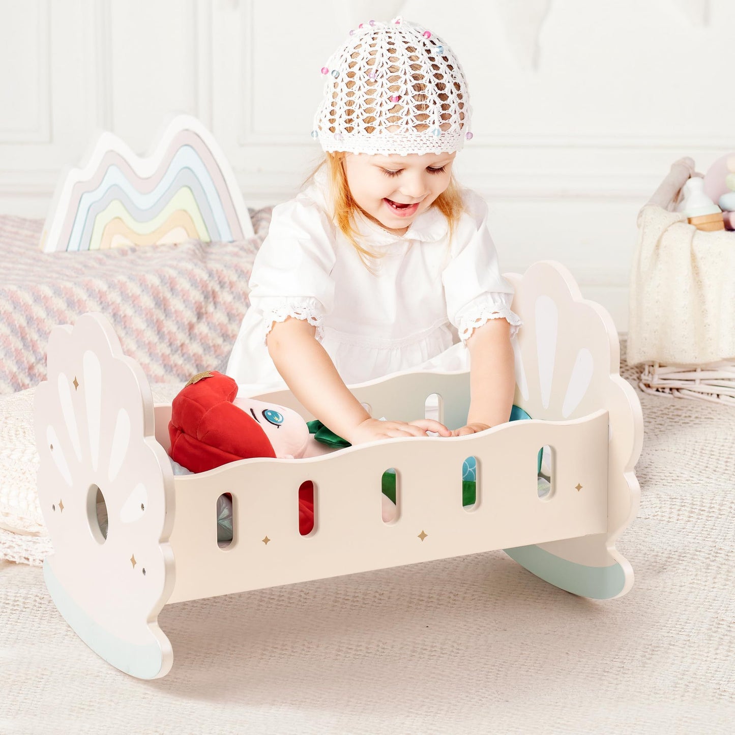 Wooden crib assembly and component parts