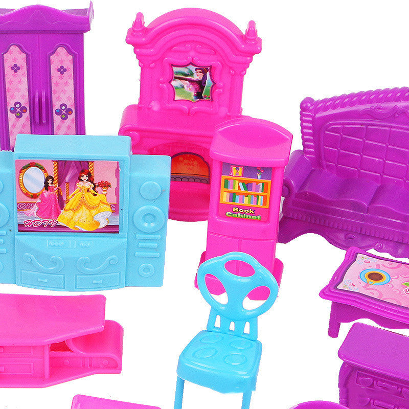 Colorful toy playset with furniture and screens on a white background