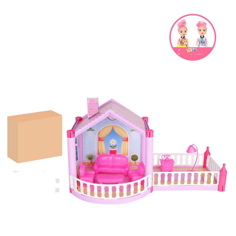 Toy dollhouse with furniture and two dolls on a white background
