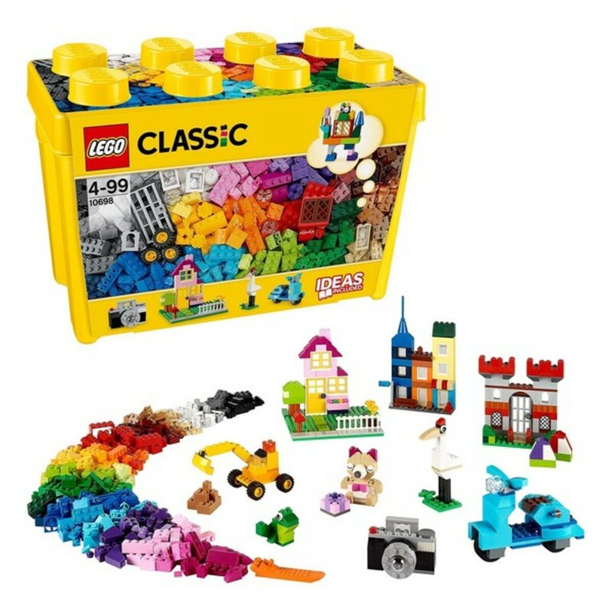 LEGO Classic building set with colorful bricks and models on a white background