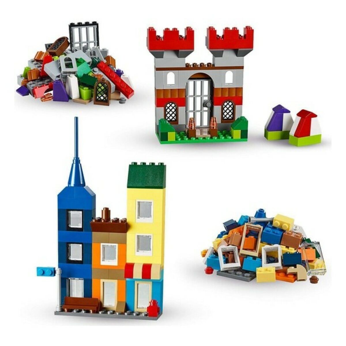 Collection of colorful building blocks in various shapes and sizes on a white background