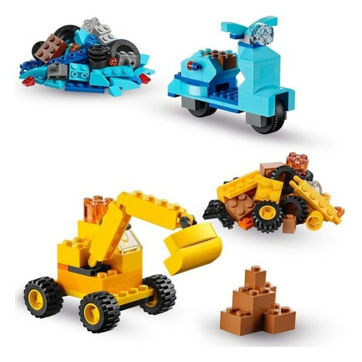 Set of toy construction vehicles made from interlocking bricks on a white background