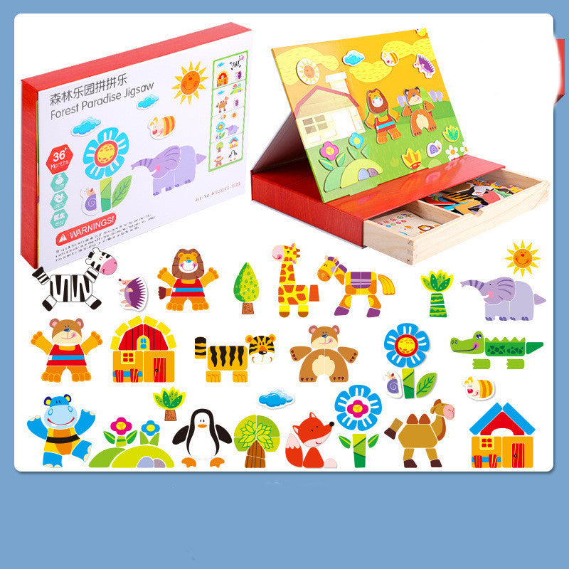 Children's puzzle set with colorful animals and nature-themed pieces, displayed against a white background.
