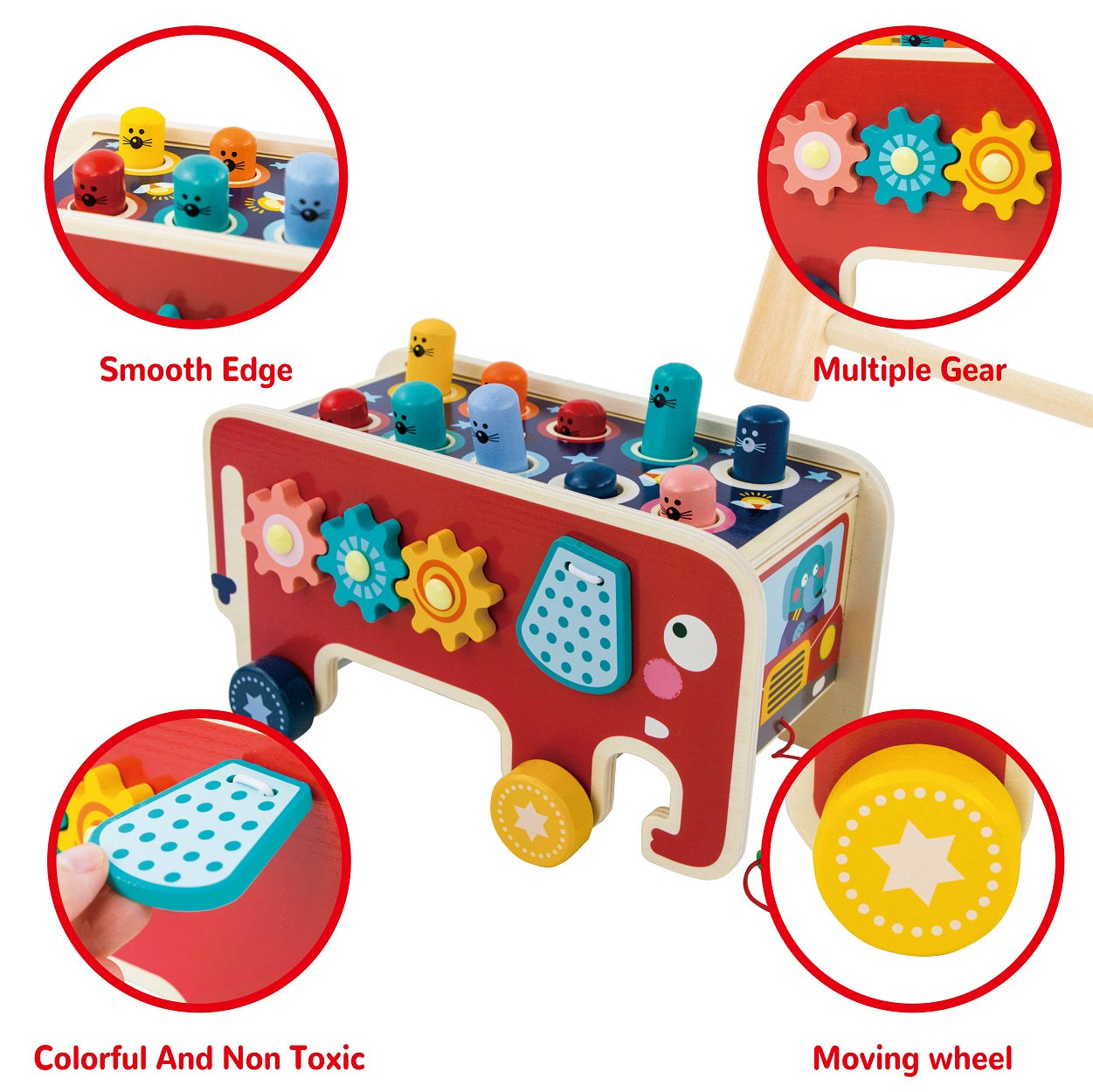 Children's educational toy with various features highlighted, including smooth edges, multiple gears, a moving wheel, and colorful design.