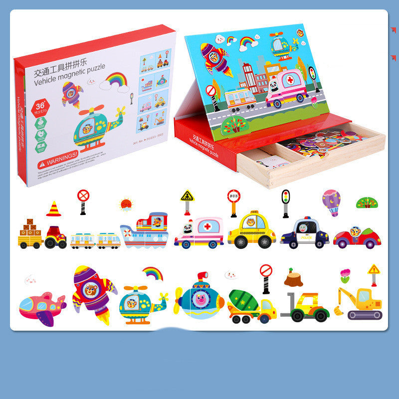 Children's vehicle magnetic puzzle with packaging on a blue background