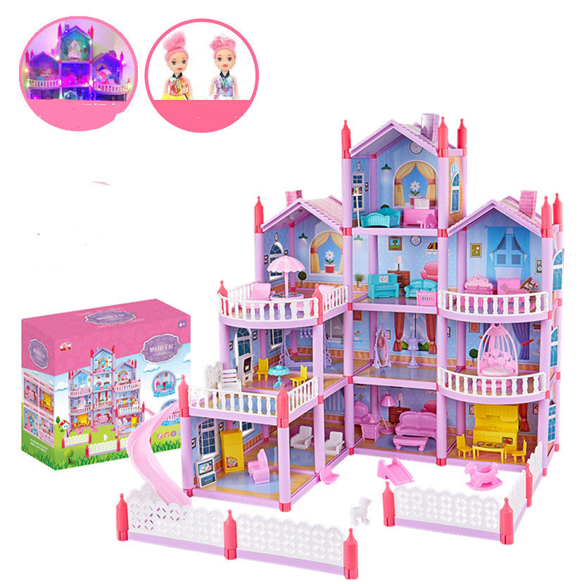 Multistory dollhouse with detailed furniture, surrounded by packaging and small figures on a white background.