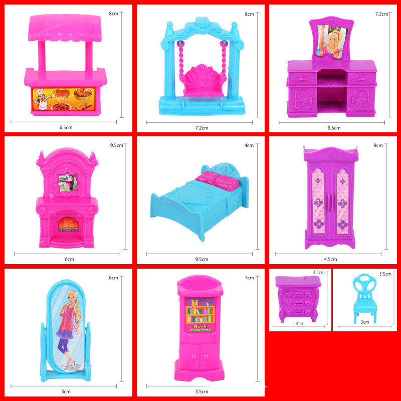 Set of toy furniture with dimensions on a red background