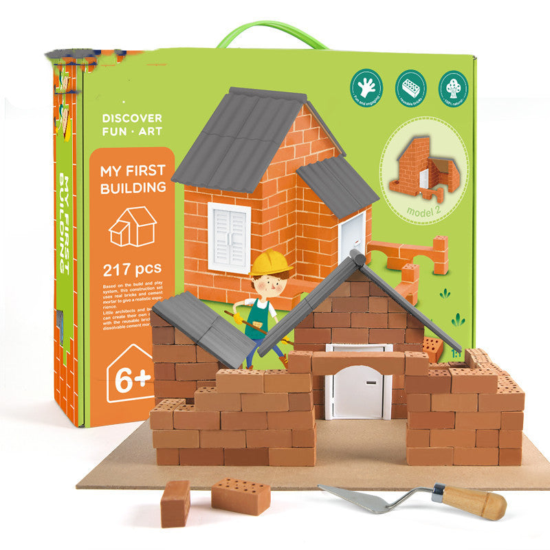 Toy building set with a constructed model and packaging on a white background
