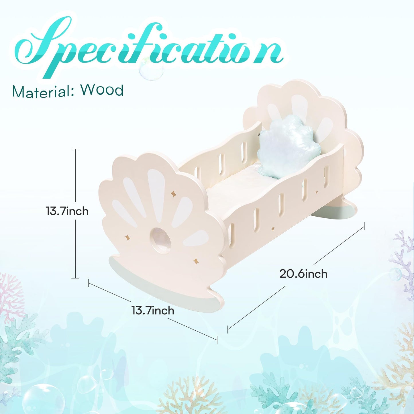 Baby doll peacefully lying in the wooden crib