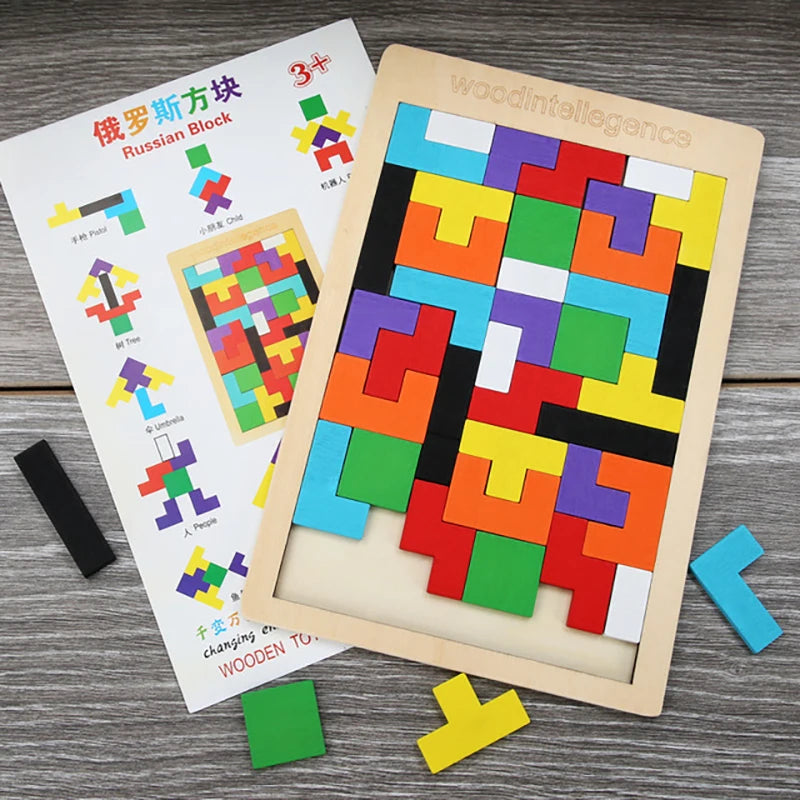 Colorful wooden puzzle with pieces on a wooden surface