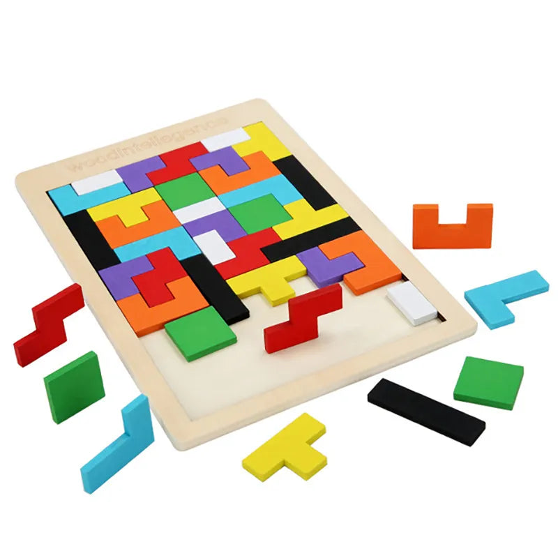 Wooden puzzle with colorful geometric pieces on a white background