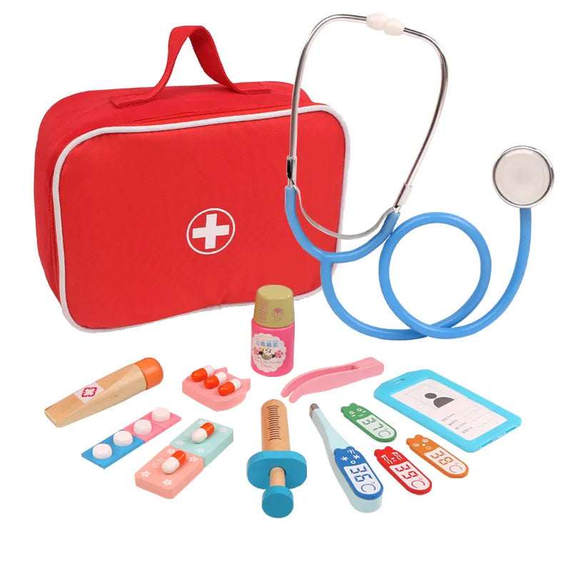Toy medical set with red bag, stethoscope, and various pretend medical tools on a white background