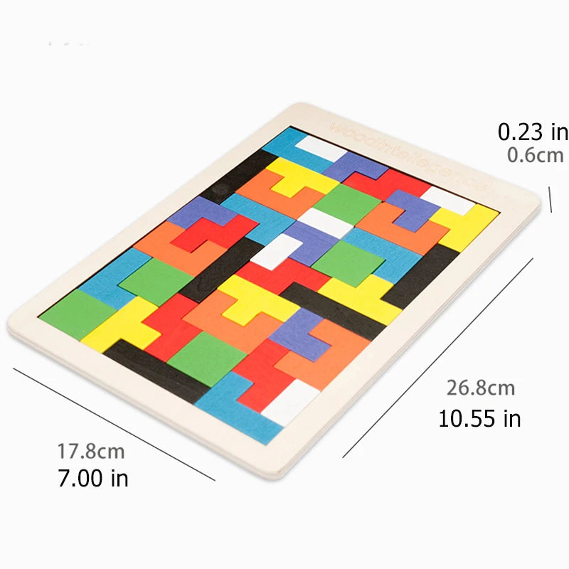 Colorful Tetris-style puzzle on a wooden board with dimensions indicated.
