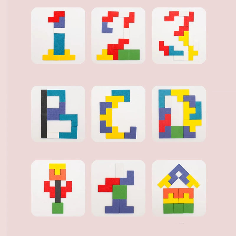 Colorful geometric letter cards on a pink background