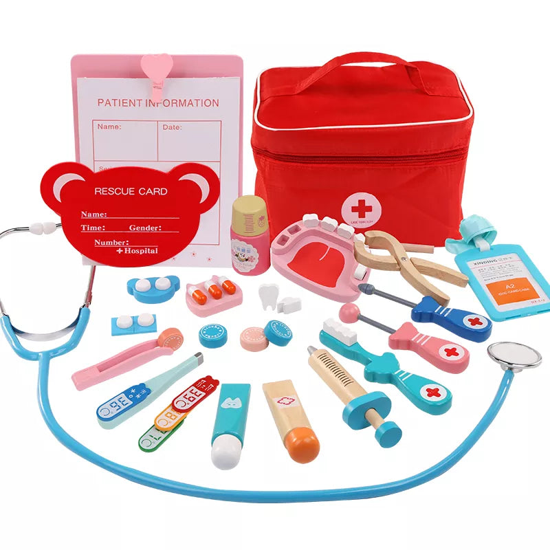 Toy medical set with red bag, stethoscope, and various pretend medical tools on a white background