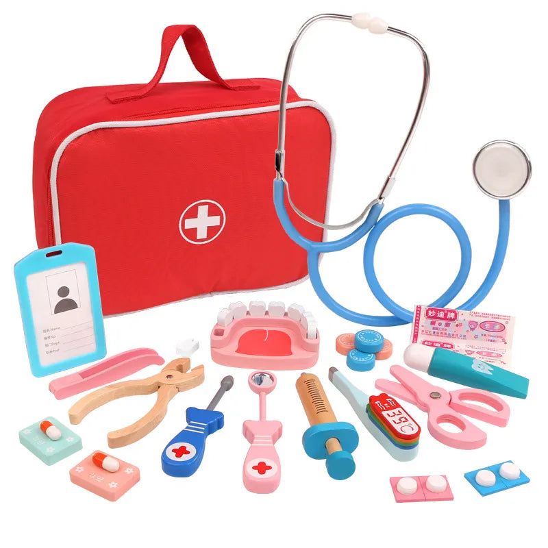 Set of toy medical tools with a red carrying case on a white background
