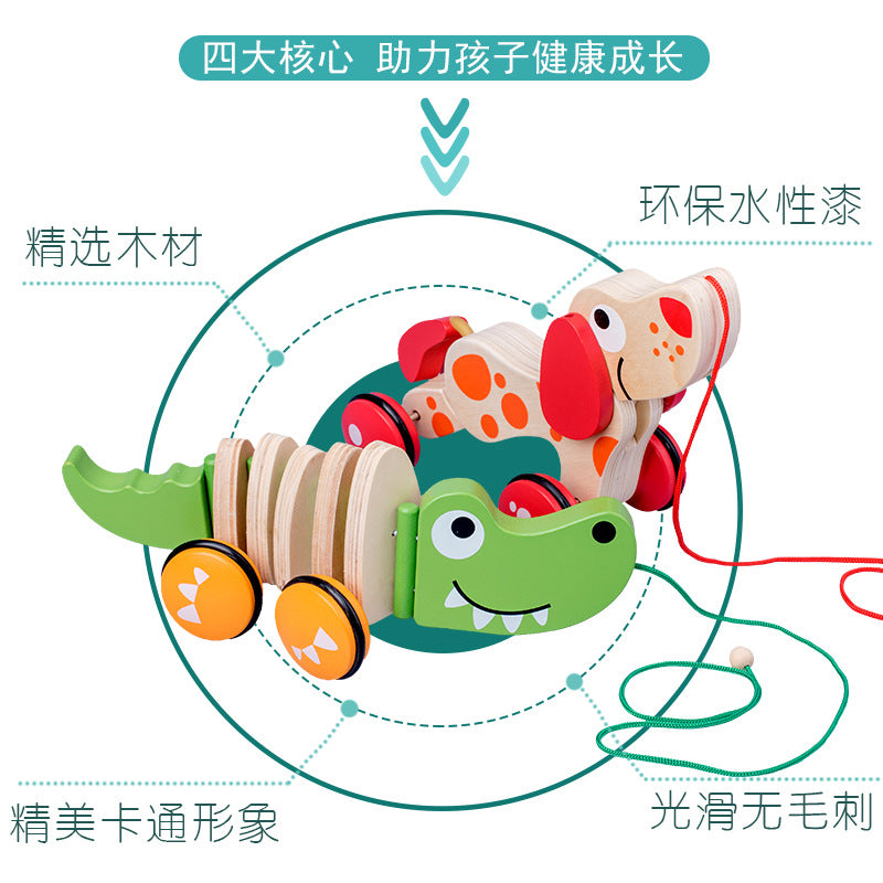 Colorful wooden toy caterpillar with text on a white background
