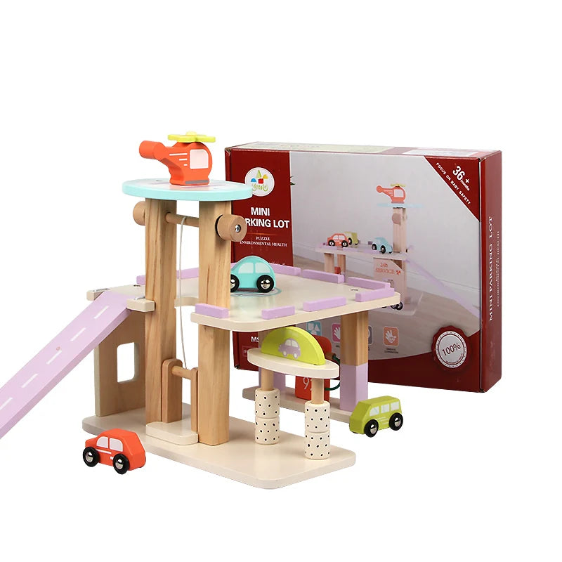 Wooden toy parking lot with cars and packaging on a white background