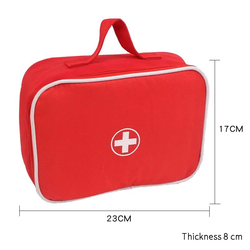 Red first aid kit with a cross symbol and dimensions on a white background