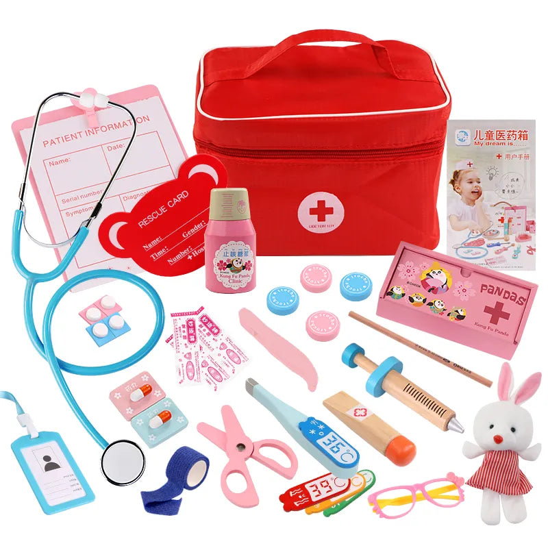 Children's medical play set with red bag, stethoscope, and various pretend medical tools on a white background.