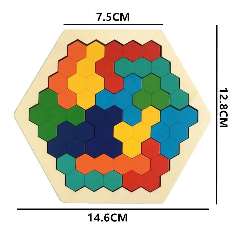 Hexagonal wooden puzzle with colored hexagons and measurements on a white background