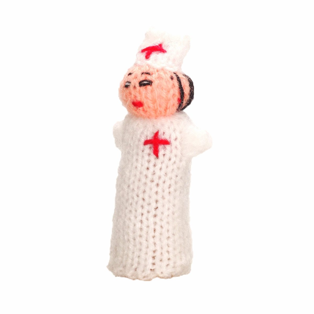 Knitted nurse figurine with a white uniform and red cross on a white background
