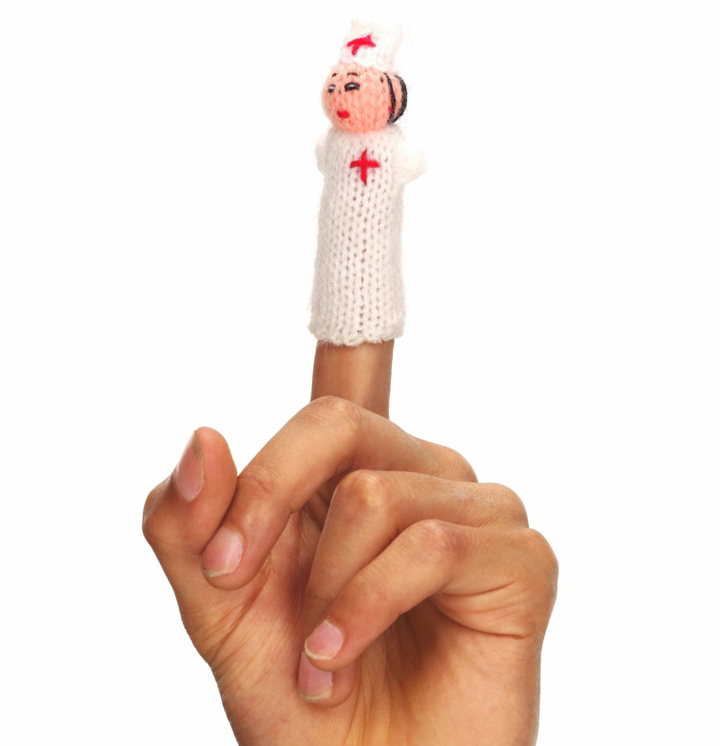 Knitted finger puppet of a nurse on a person's index finger against a white background