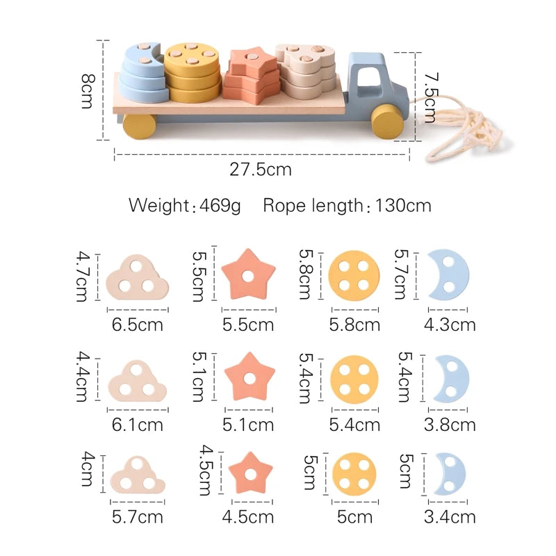 Wooden toy truck with colorful stacking blocks and measurements on a white background