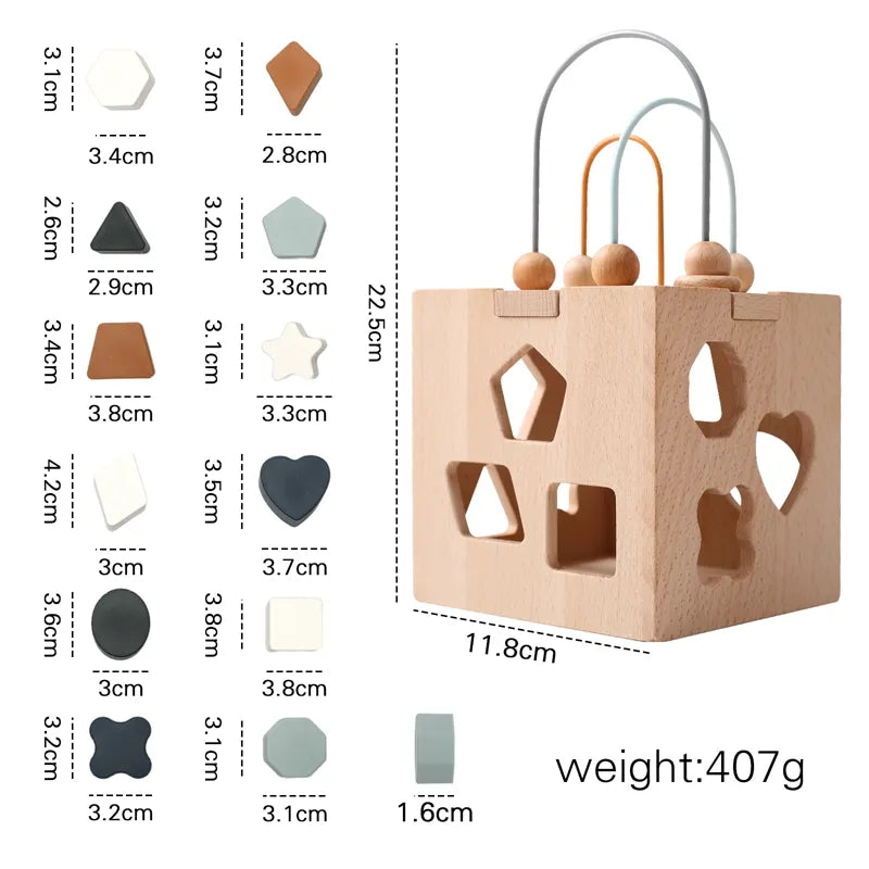 Wooden shape sorting cube with measurements and weight displayed