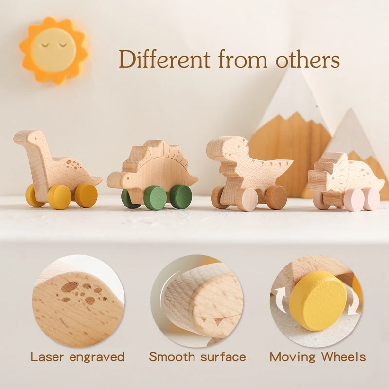 Wooden toys with moving wheels on a light background, featuring text 'Different from others' and close-up details of laser engraving, smooth surface, and moving wheels.