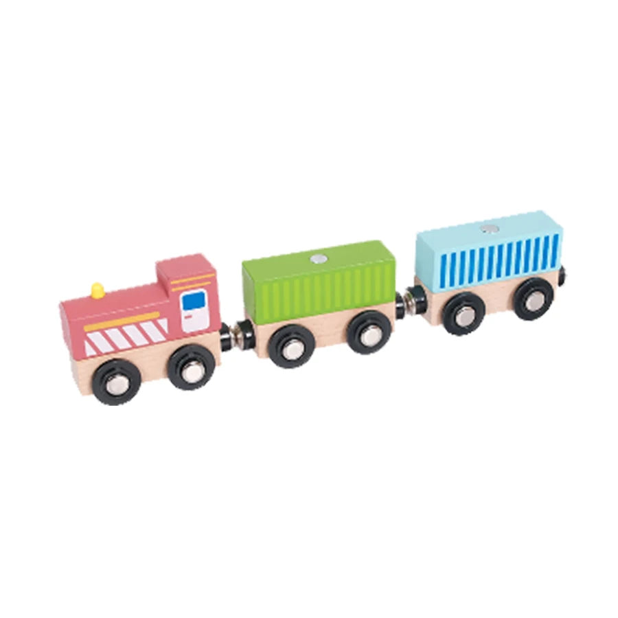 Wooden toy train set on a white background