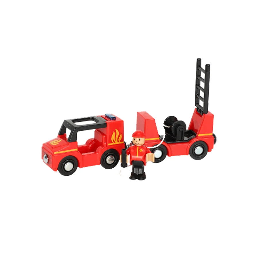 Toy fire truck with a firefighter figure on a white background