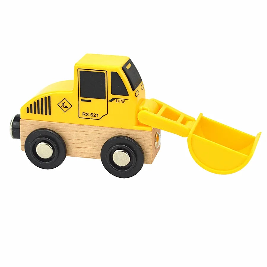 Toy bulldozer with yellow front and wooden sides on a white background