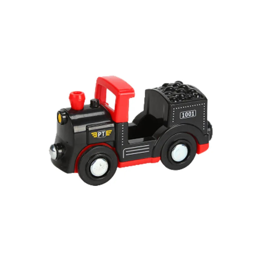 Toy train engine with red and black colors on a white background