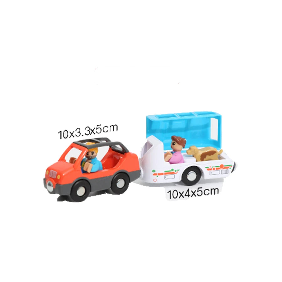 Toy car with a trailer carrying a boat on a white background