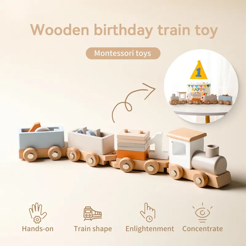 Wooden birthday train toy with a cake and number one decoration on a beige background