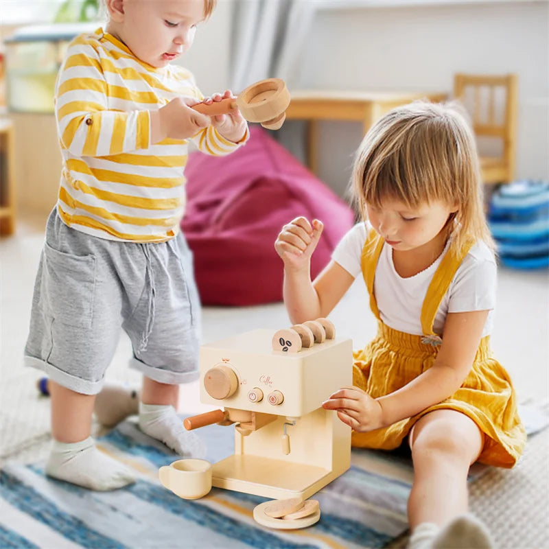 Two children playing with wooden toys in a classroom setting.