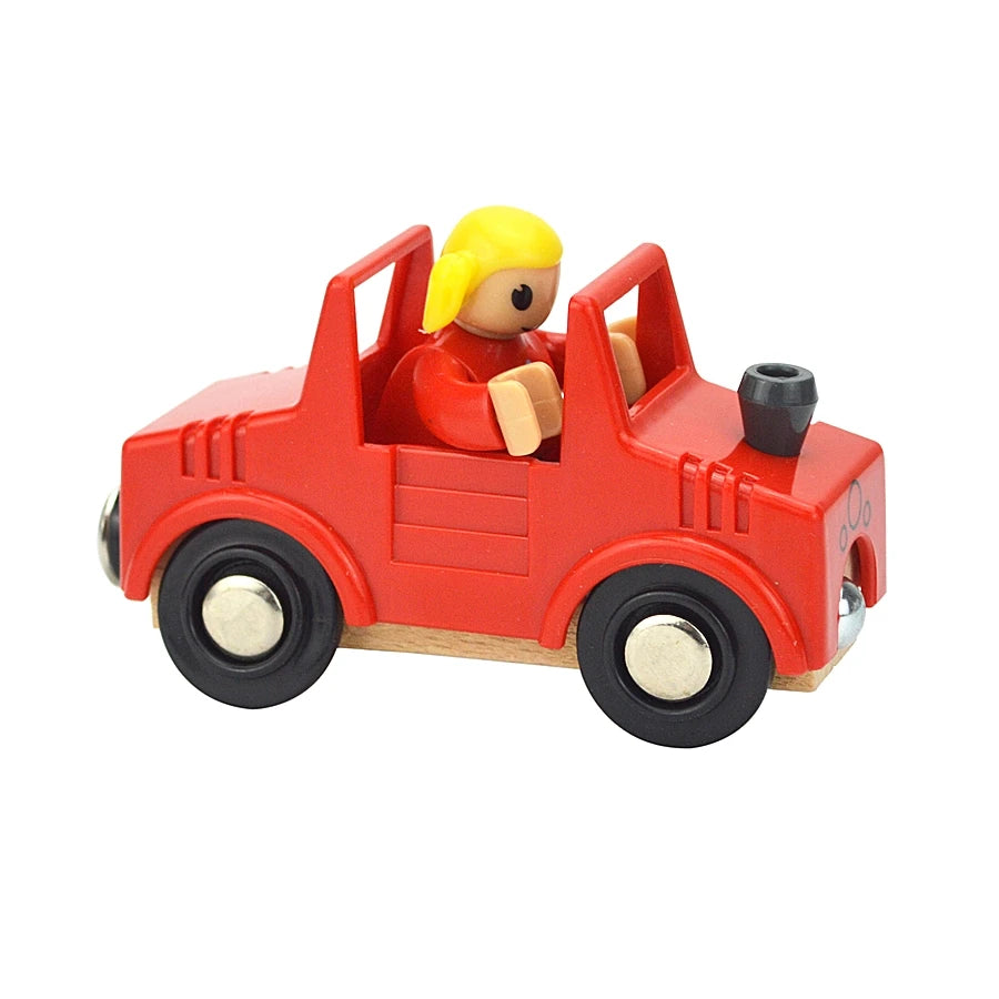 Red toy car with a figure inside on a white background