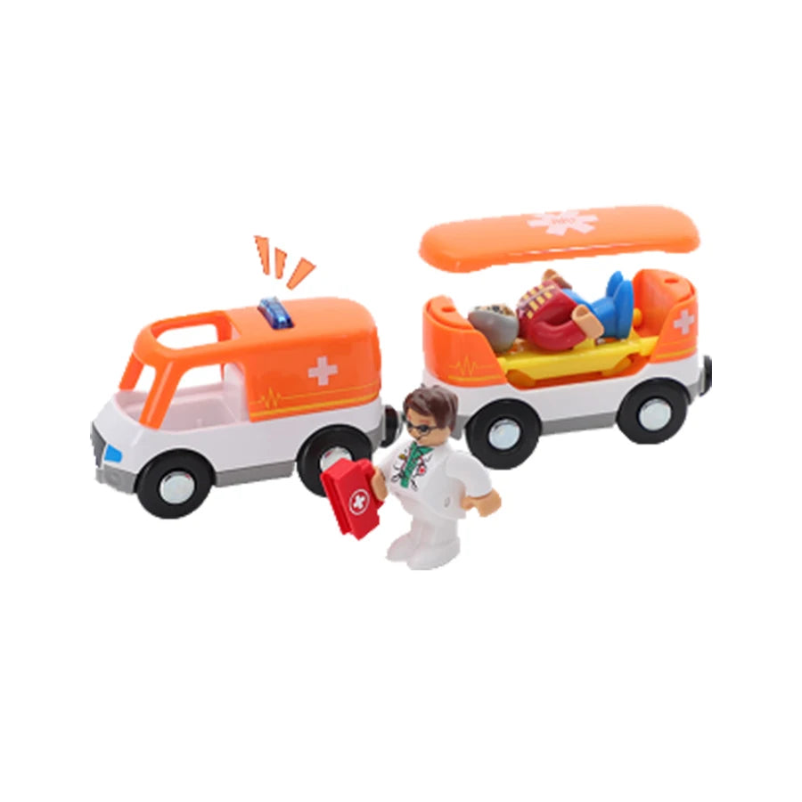 Toy ambulance with a doctor figure and patient figure on a white background