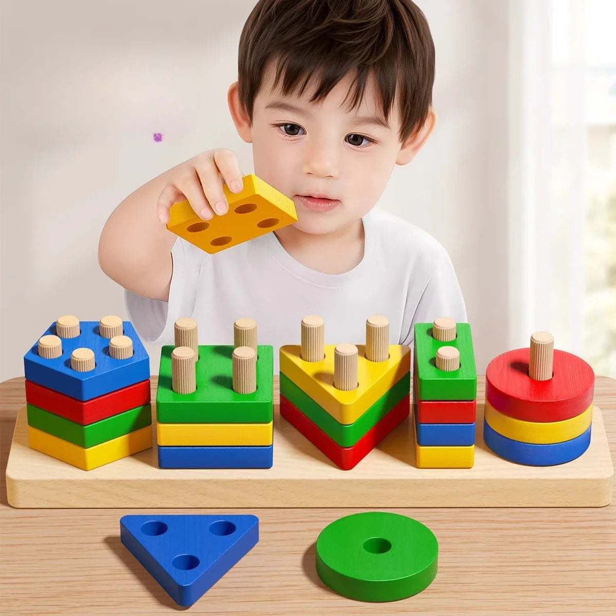 Child playing with colorful geometric shape sorting toy on a wooden board.