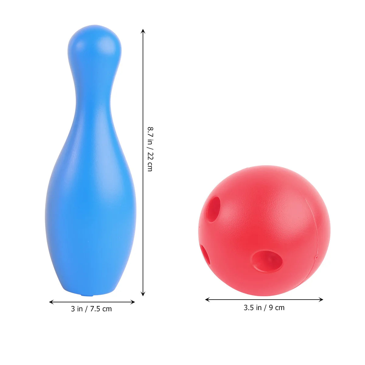 Blue bowling pin and red ball with measurements on a white background