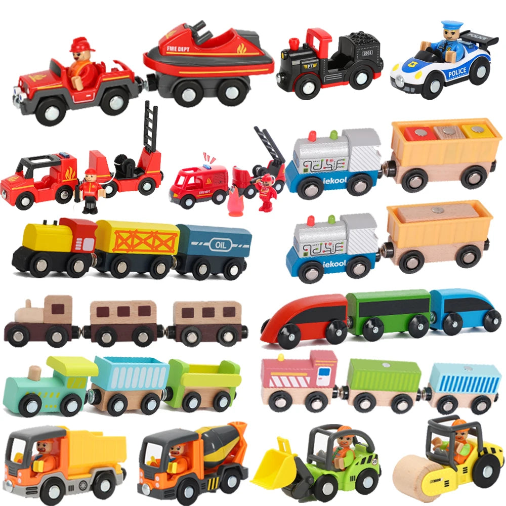 Collection of toy vehicles including cars, trucks, and trains on a white background