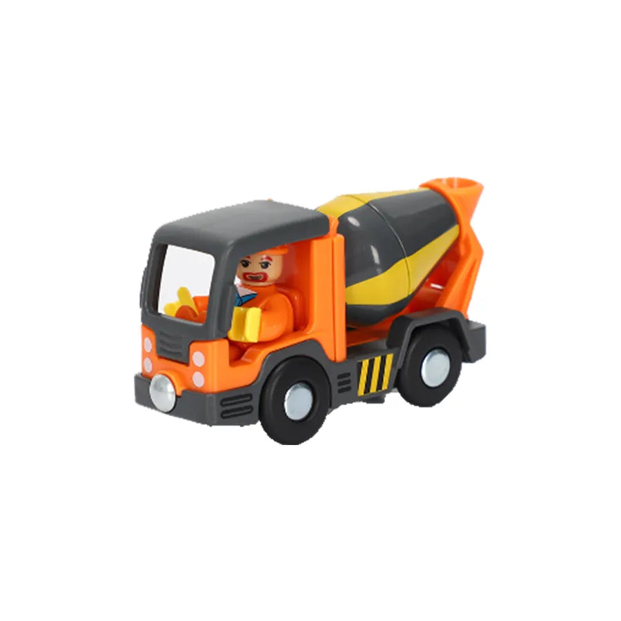 Toy cement mixer truck with a driver figure on a white background