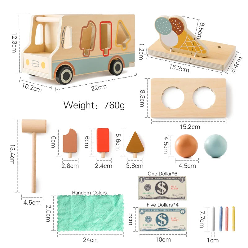 Wooden toy set with measurements and weight displayed on a white background